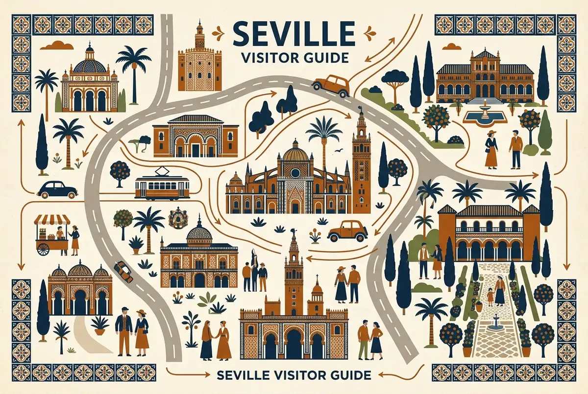 illustrated map of Seville highlights for Alcazar of Seville Dress Code: What to Wear for Your Visit, alcazar of seville dress code