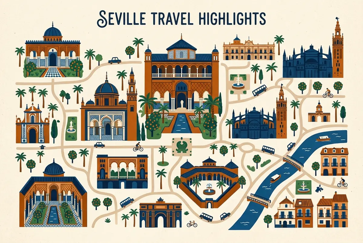 illustrated map of Seville highlights for Alcazar of Seville Pictures: What It Actually Looks Like Inside, alcazar of seville pictures